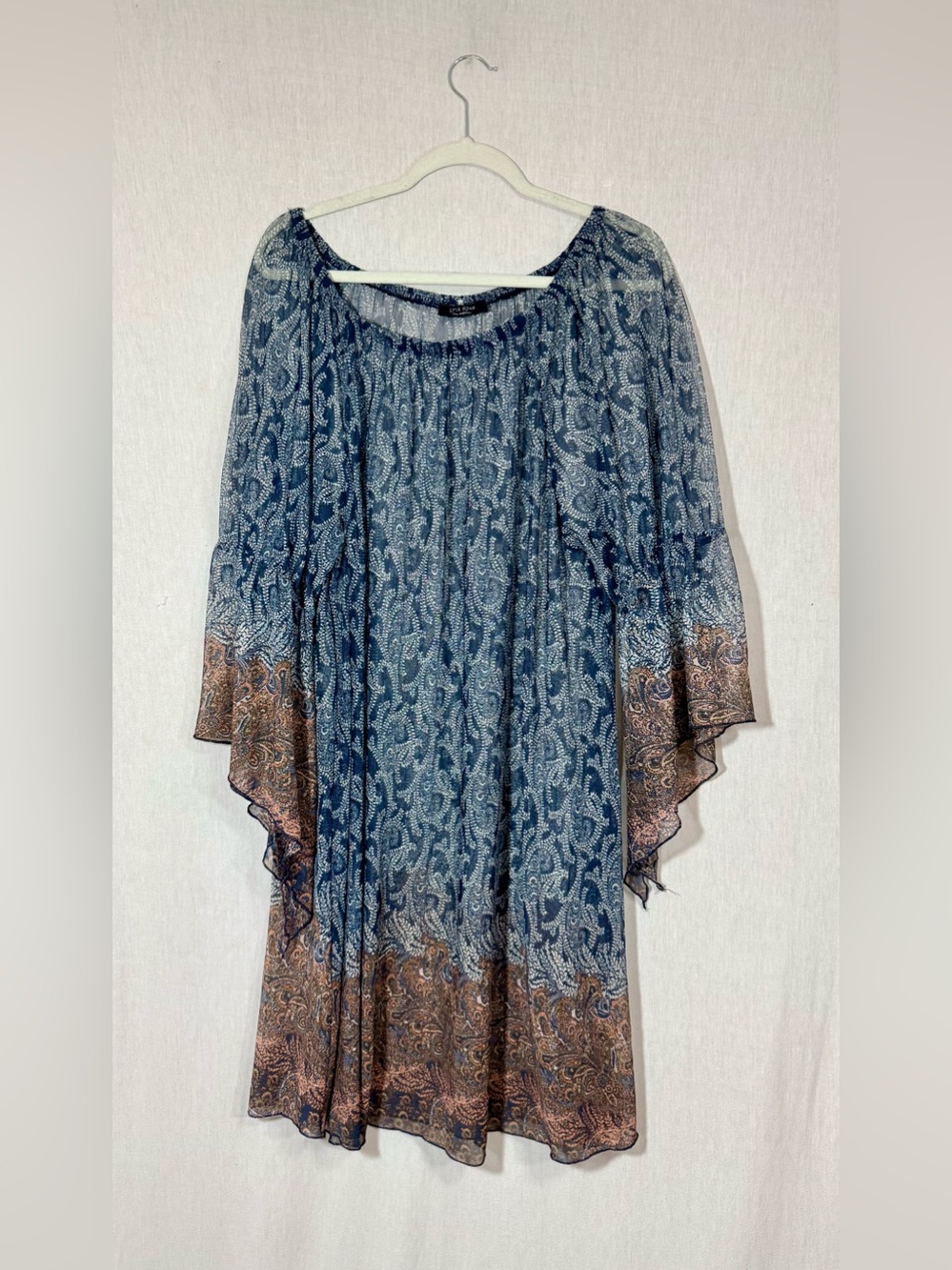 Love Ryan OSFM Sheer overlay Blue Paisley Boho Tunic Dress with Brown Border